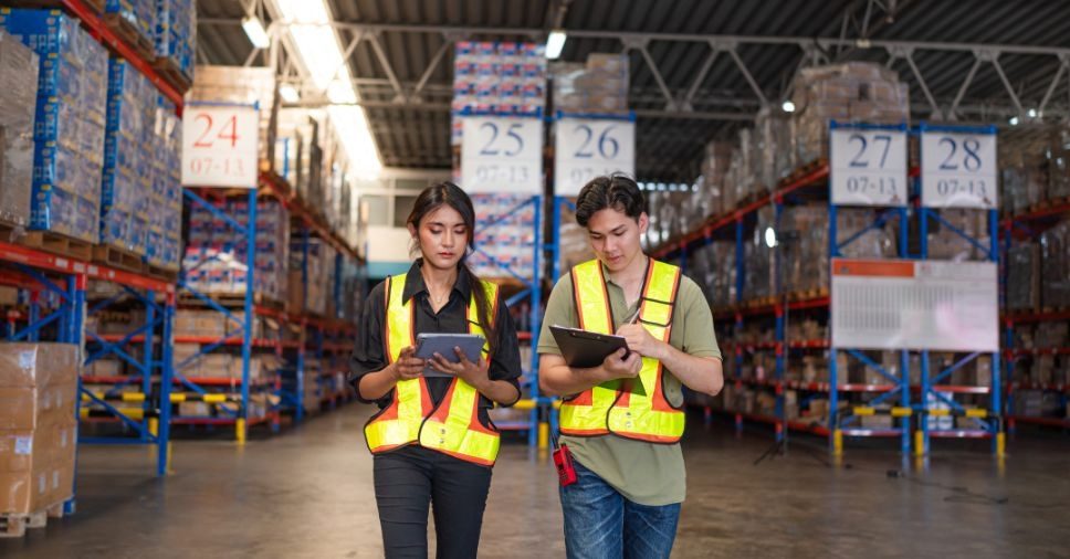 Profissionais realizam a contagem de mercadorias em galpão para atualizar a planilha de controle de estoque.
