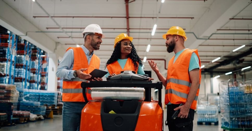 Equipe de logística conversa próxima ao equipamento, ilustrando o treinamento de como usar paleteiras elétricas.